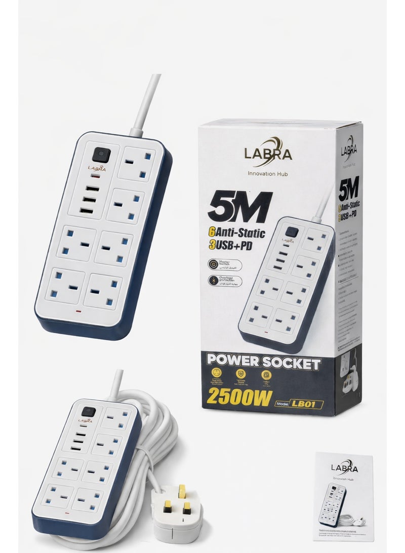 Labra 5 Meters Extension Lead with Multiple Function UK Plug 3 Pin Socket Outlet with 3 USB Port 1 Type-C Port 5M Electric Socket Mains Strip for Home Kitchen and Office - Image 2